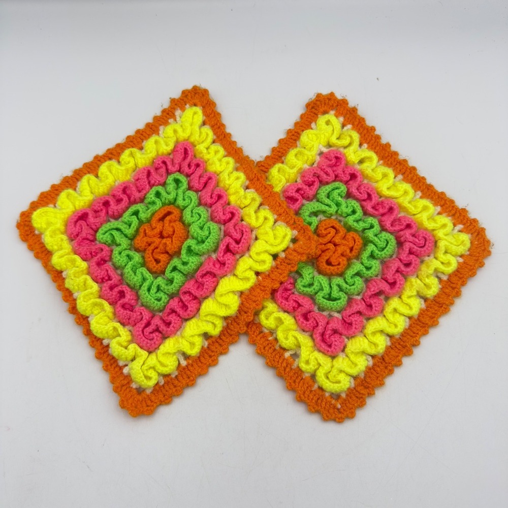 Set of 2 Vintage Crochet Pot Holders Coasters Retro Rainbow Square 6 Inch